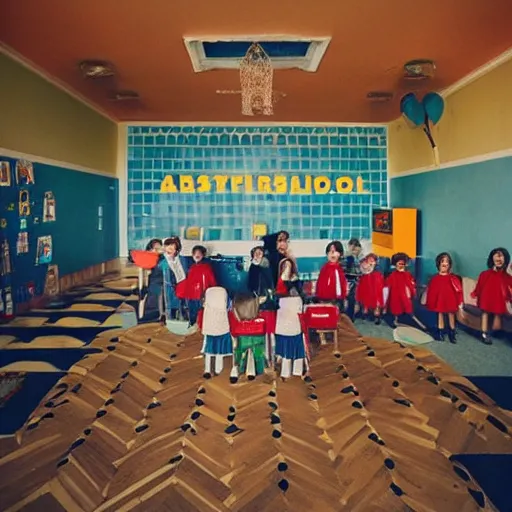 Image similar to a cool school reception, wes anderson style