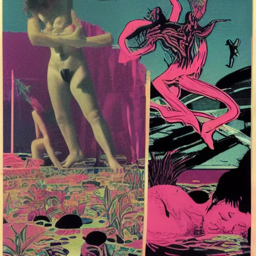 Prompt: 1980 xerox fanzine cutout collage, ancient greek, morning hour on Jupiter, punk party, aquatic plants, painted part by Kilian Eng, part by Addy Campbell, part by zdzisław beksiński, composition by nan goldin, kodachrome