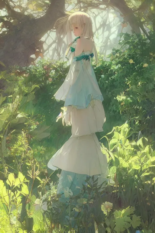 Image similar to a depressed digital art, loli in dress, garden, green and warm theme, blue accents, back lighting, highly detailed, 4 k resolution, trending on art station, by krenz cushart and mucha and akihito yoshida and greg rutkowski and makoto shinkai