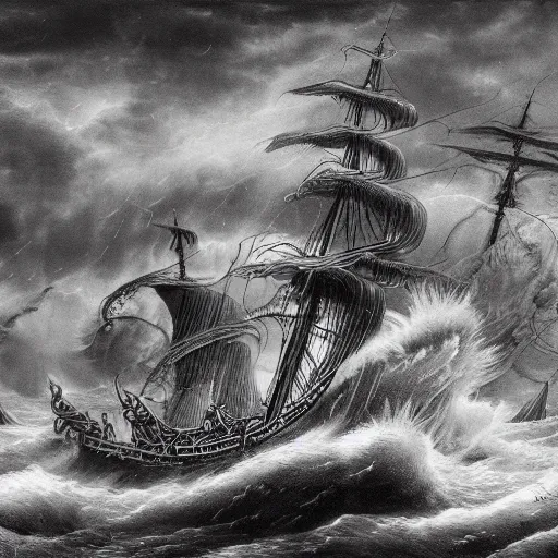 Image similar to a highly detailed scene of a ship being attacked by giant squid tentacles, dark, voluminous clouds, thunder, stormy seas, pirate ship, dark, high contrast