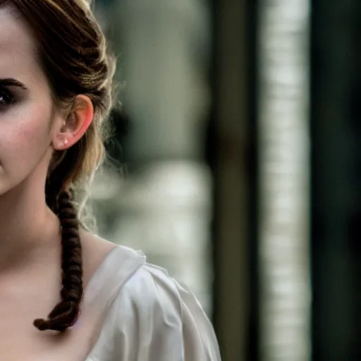 Image similar to Emma Watson in Batman, film grain, EOS-1D, f/1.4, ISO 200, 1/160s, 8K, RAW, symmetrical balance, in-frame, Dolby Vision