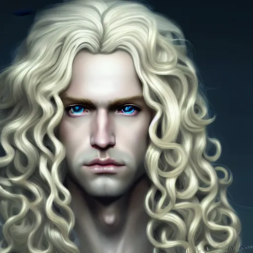 Image similar to Lucius the pale blond androgynous god of the sun, highly detailed, very very very long curly golden blond hair, baroque curls, curtain bangs, central parted fringe, extremely luscious curly blond hair, very very very pale white skin, digital painting, artstation, concept art, soft light, sharp focus, illustration