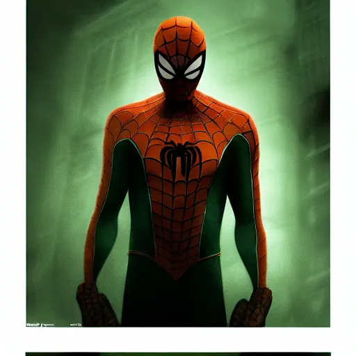 Prompt: moody atmospheric render of an orange and green spiderman by greg rutkowski and marc silvestri made with unreal engine