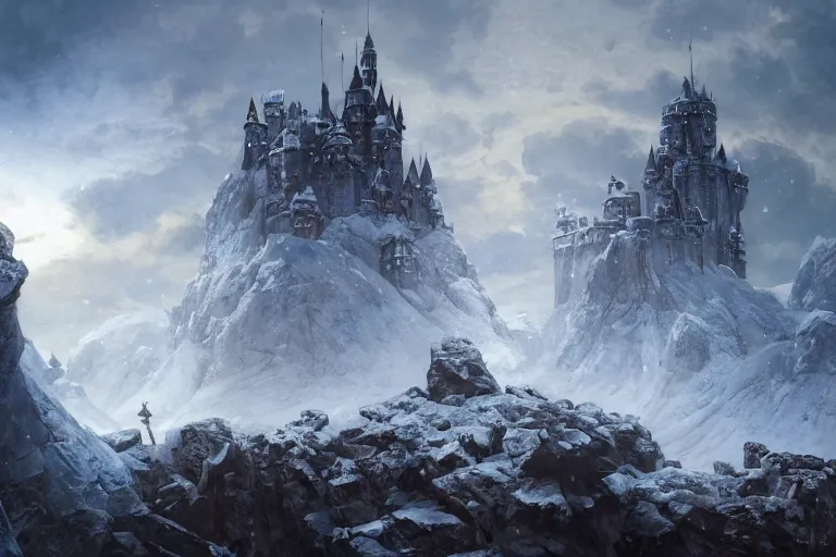 Prompt: single fantasy castle in foreground on a rocky outcrop, highly detailed, icy windswept world with deep blue colours over white, snowdrifts and icicles, illustrated by Greg Rutkowski and Gaston Bussiere, 35mm lens, beautiful macro close-up imagery, moody lighting, beautiful volumetric-lighting-style atmosphere