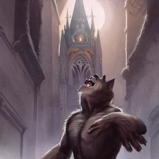 Image similar to werewolf sitting on church of sts. olha and elizabeth lviv, portrait, highly detailed, full body, digital painting, trending on artstation, concept art, sharp focus, illustration, art by artgerm and greg rutkowski and magali villeneuve