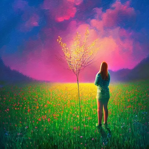 Image similar to girl with an blooming flower face, surreal photography, dream, standing in flower field, hills, valley, forest, sunrise dramatic light, impressionist painting, colorful clouds, digital painting, pointillism, artstation, simon stalenhag