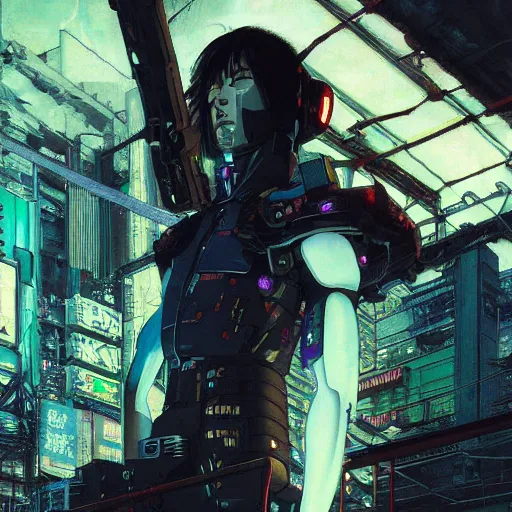 Prompt: japanese cyberpunk cyborg, wide shot, finely detailed features, glowing lights!, dramatic cinematic, night, at cyberpunk city, ghost in the shell, akira, noir, trending on pixiv fanbox, manga!, heavy metal!, painted by greg rutkowski makoto shinkai takashi takeuchi craig mullins, alphonse mucha, studio ghibli, pixiv