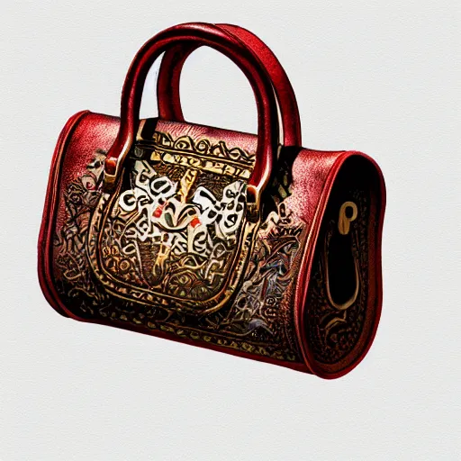 Prompt: an ornate small leather bag, fantasy illustration, medieval era, blank background, studio lighting, digital art