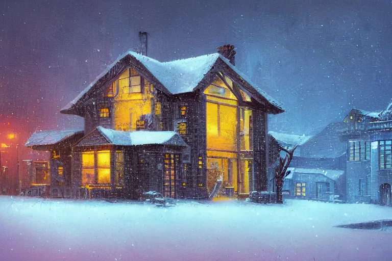 Image similar to cyberpunk, winter in the snow, external view of a 5 bedroom detached cyberpunk countryside house in the UK, by Paul Lehr