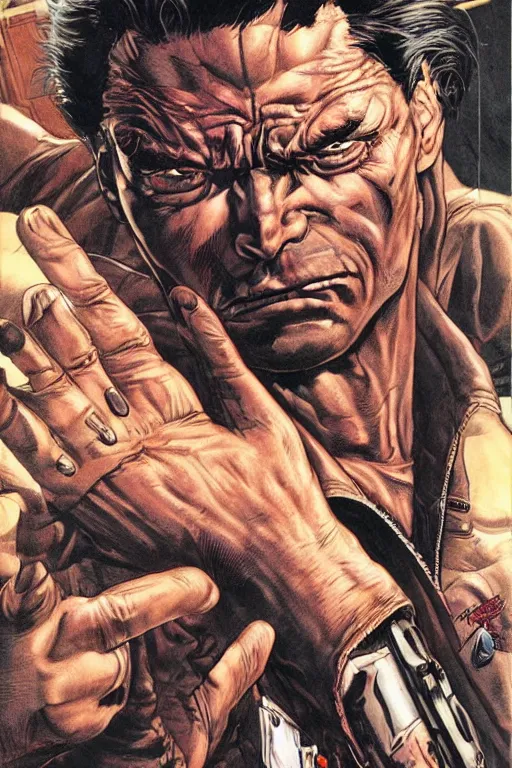 Image similar to ultra violent comic book cover of a contract killer named cobalt. he wear a brown leather jacket and a white shirt. he has a prominent scar up the side of his face. art by glenn fabry.