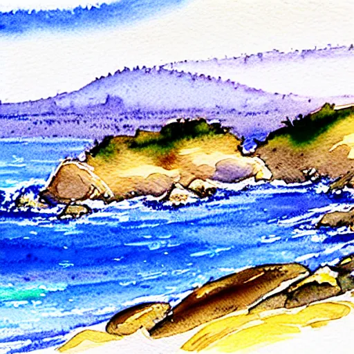 Image similar to a beautiful watercolor and pen painting of the california coastline