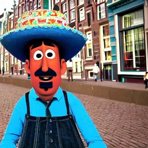 Image similar to mexican man wearing a sombrero looking confused in amsterdam, pixar