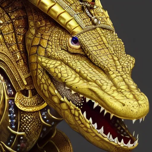 Prompt: detailed photorealistic painting of a crocodile wearing a highly detailed ornamented gold crown with diamonds, in a medieval knight armor with red cape , sharp focus in the style of ruan jia, Mandy jurgens, cinematic light, concept art, trending on artstation, ultra realistic