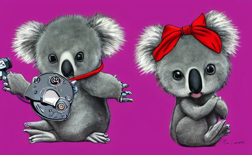 Image similar to “ cute koala with very big eyes, wearing a bandana and chain, holding a laser gun, standing on a desk, digital art, award winning ”