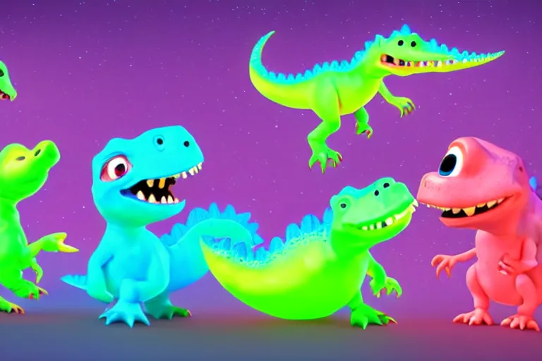 Image similar to pixar designed cute, smiling chibi style baby dinosaurs made entirely out of glowing electrified hypercolor plasma, having fun inside a psychedelic realm made entirely out of love and acceptance and hypercolors. astral beings sharing love. renderman, ray tracing, symmetrical faces, 3 d models