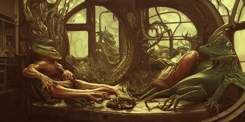 Image similar to lizardman lounging in a chair in front of an oven, fantasy, highly detailed, digital painting, concept art, matte, sharp focus, illustration by artgerm, art by greg rutkowski, art by alphonse mucha