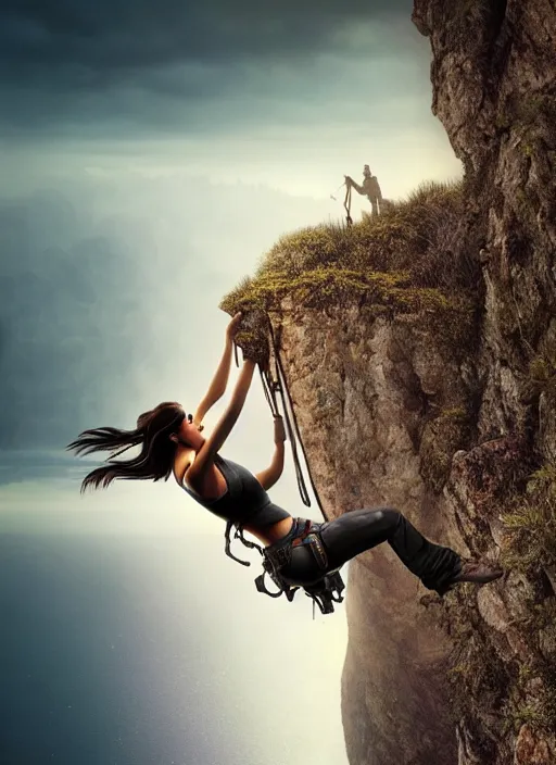 Image similar to close-up portrait action shot of Lara Croft hanging from a cliff ridge, Les Edwards, Zdzislaw Beksinski, Carl Gustav Carus, John Harris, Michal Karcz, Zhang Kechun, Mikko Lagerstedt, Scott Listfield, Steven Outram, Jessica Rossier