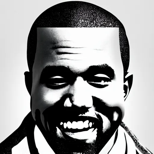 Prompt: cutout magazine collage art of Kanye West smiling, monochromatic