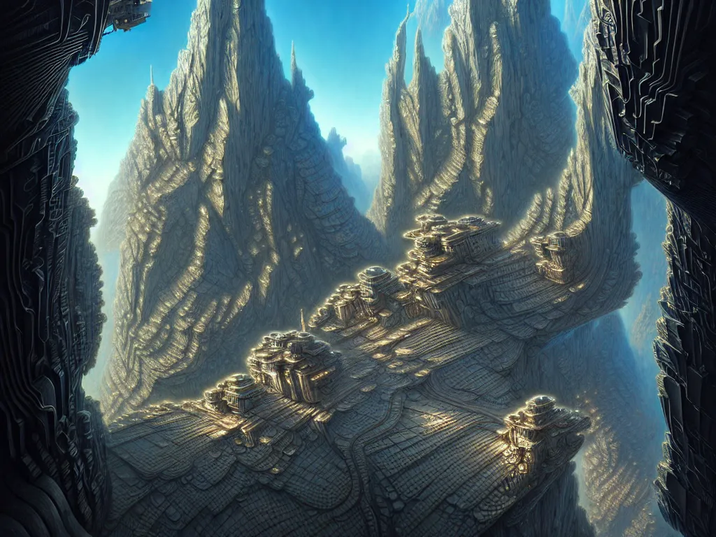 Image similar to ultra detailed, futuristic cityscape carved into mountain wall, fractal mandelbulb, cyberpunk, fantasy, intricate details, elegant, super highly detailed, professional digital painting, artstation, concept art, smooth, sharp focus, extreme illustration, Unreal Engine 5, Photorealism, 8k, cinematic, art by artgerm and greg rutkowski and alphonse mucha and loish and WLOP