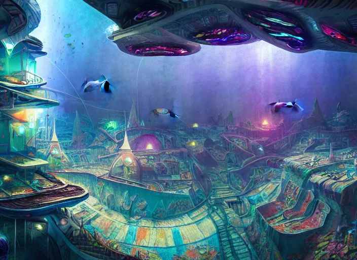 Image similar to favela spaceship cathedral, underwater environment, sorcery, scenery, professional, award - winning, trending on artstation, hyper detailed, realistic, beautiful, emotional, shiny, colorful, picture