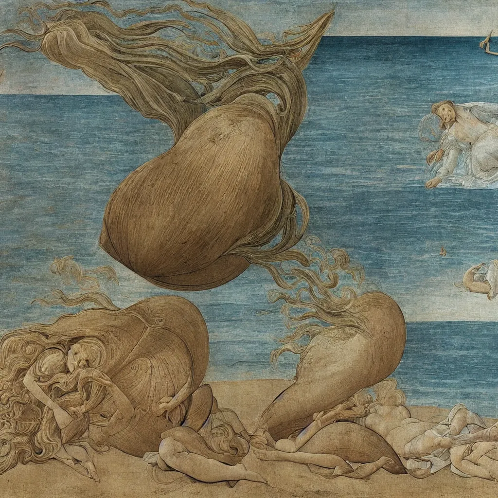 Prompt: a painting of an empty beach with a giant open shell in the sand, by botticelli