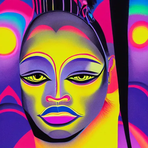 Image similar to closeup portrait of a black woman with yellow eyes and a rainbow background, gouache painting by tomokazu matsuyama, by ed paschke, by agnes pelton, by patrick nagel, behance contest winner, generative art, irridescent, holography, neon, dark art, retrowave, grain, androgynous, black background