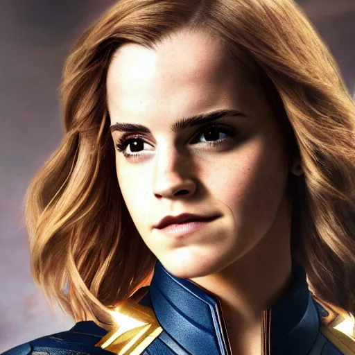 Prompt: Emma Watson modeling as Captain Marvel, (EOS 5DS R, ISO100, f/8, 1/125, 84mm, postprocessed, crisp face, facial features)