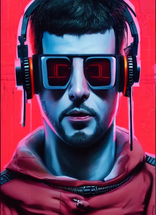 Image similar to ezra. cyberpunk character wearing jumpsuit and red jacket and cyberpunk headset. ( blade runner 2 0 4 9, dystopian, cyberpunk 2 0 7 7 character design ). attractive face. portrait by james gurney and laurie greasley, oil on canvas. cinematic, hyper realism, realistic proportions, full view, dramatic lighting, high detail 4 k