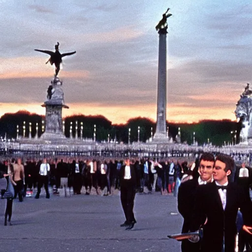 Image similar to still of emmanuel macron clones, invading place de la concorde, in american psycho ( 1 9 9 9 ), sunset