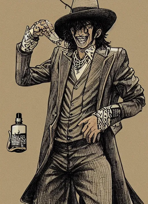 Image similar to portrait of a snake oil salesman wearing a snake suit and wide brimmed hat offering you a bottle of serum formula, art by Kentaro Miura, it idn't greasy