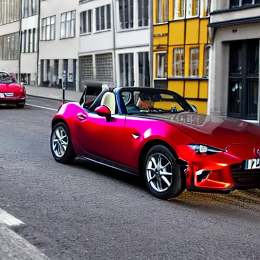 Image similar to a red haired danish man drives a mazda mx-5 down a street in copenhagen