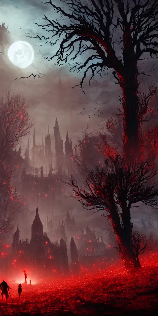 Image similar to abandoned bloodborne old valley with a person at the centre and a ruined gothic city at the end of the valley, trees and stars in the background, falling red petals, epic red - orange moonlight, perfect lightning, wallpaper illustration by niko delort and kentaro miura, 4 k, ultra realistic