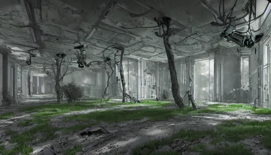 Prompt: robotic painters draw lush landscapes in an abandoned art gallery, 4 k, cinematic lighting