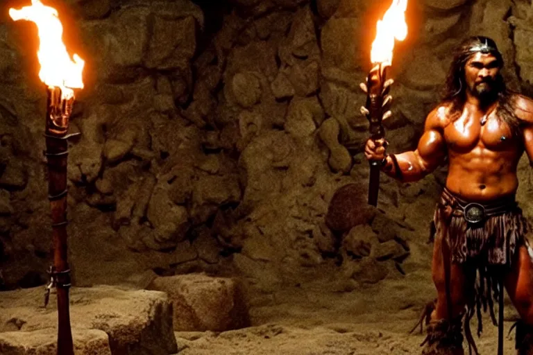 Image similar to film still from conan the barbarian, jason momoa as conan holding a torch in the catacombs of evil, fantasy armor, volumetric lighting, mist, wet skin and windblown hair, muscular!!!, masculine pose, ridley scott