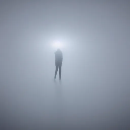 Prompt: a blurry aura glowing in a white mist, human floating