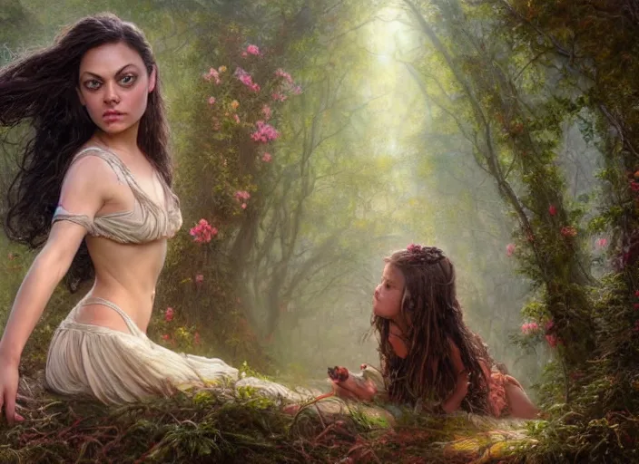 Prompt: Mila Kunis staring into the camera, misty wisps, Lilia Alvarado, Sophie Anderson, Mark Arian, Bob Byerley, Charlie Bowater, Mark Brooks, Steve Henderson, Justin Gerard, Arthur Hughes, Edward Robert Hughes, Mark Keathley, Victor Nizovtsev, Carlos Shwabe, Ross Tran, WLOP