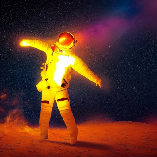 Image similar to an astronaut that’s on fire walking through a dystopian desert