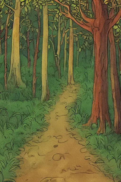 Image similar to over the garden wall background painting. the woods