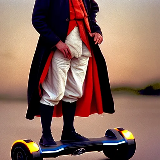 Prompt: uhd photorealisitc candid photo of sir isaac newton on a hoverboard. correct face, accurate face. photo by annie leibowitz and steve mccurry