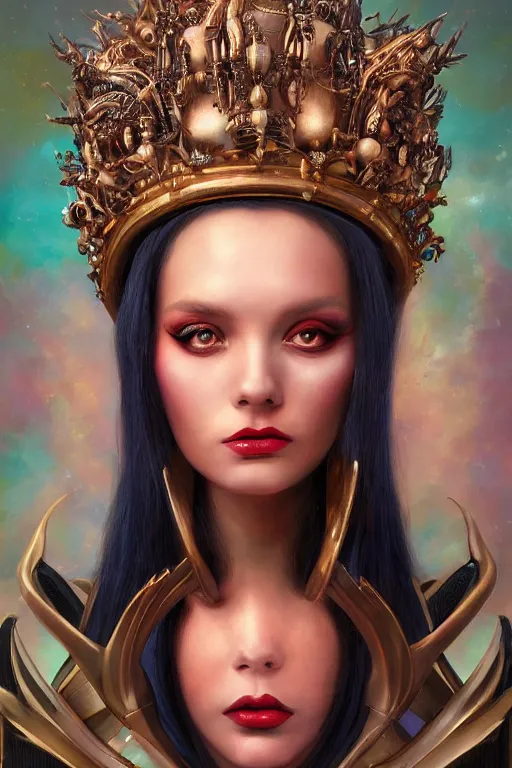 Prompt: portrait of a alien queen wearing an elaborate crown, straight on portrait, by artgerm, tom bagshaw, gerald brom, vaporwave colors, lo fi colors, vaporwave, lo fi, 2 point studio lighting, dramatic lighting, creepy aesthetic, 4 k, hd,