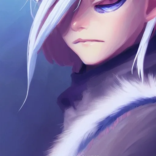 Image similar to an elf with white hair, blue eyes, wearing crow feathers. highly detailed, digital painting, artstation, matte, by makoto shinkai, animation style