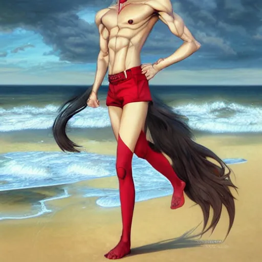 Image similar to a half horse half human creature standimg on the beach,wearing red shorts,anthropomorphic,Character design by charlie bowater, ross tran, artgerm, and makoto shinkai, detailed, inked, western comic book art, 2021 award winning painting,digital art,ultra realistic,ultra detailed,art by greg rutkowski,muscular,detailed face,hyperdetailed,hyperrealistic,detailed face,photorealistic,realistic,4k