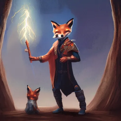 Image similar to the fox magician cast a thunder spell with his staff, lightning, artstation