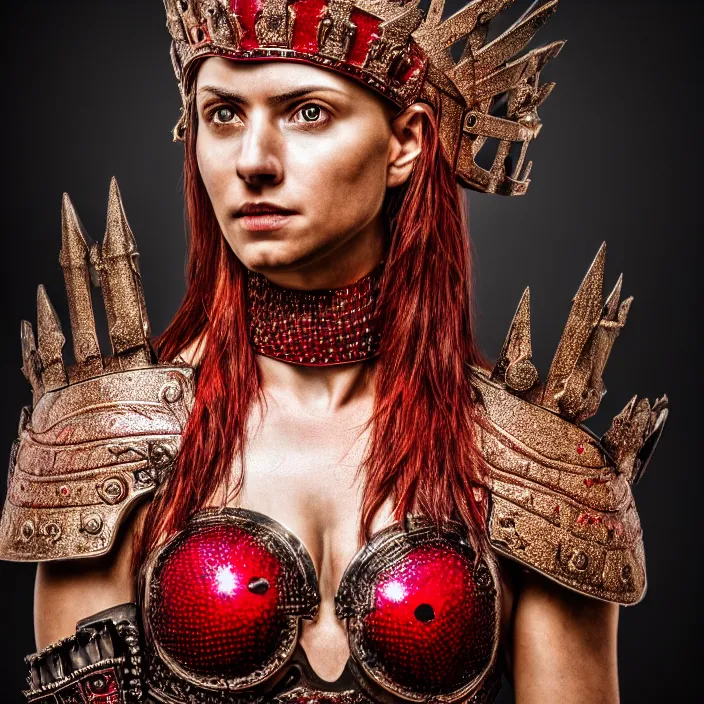 Image similar to photo of a beautiful strong warrior queen wearing ruby encrusted armour, highly detailed, 4 k, hdr, smooth, sharp focus, high resolution, award - winning photo