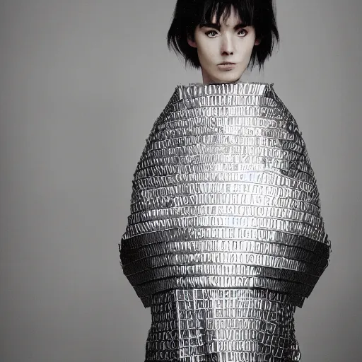 Image similar to a paladin wearing issey miyake armor in the rain, portrait, fashion photography, by martin parr