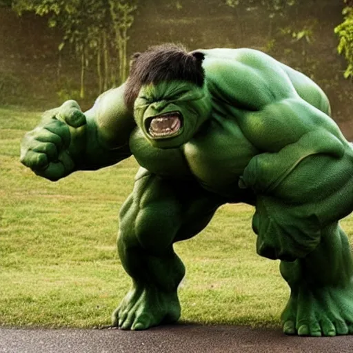 Prompt: hulk cat, big green muscular cat, demanding food from its owner