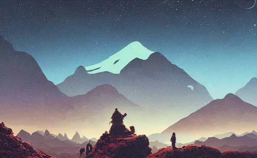 Image similar to mountains, stars and paisley filled sky, artstation, intricate, highly detailed, digital painting, concept art, sharp focus, illustration by Michael Whelan and Simon Stalenhag