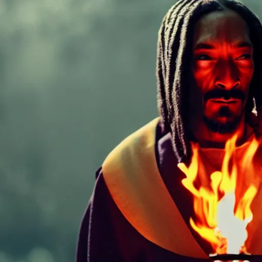 Image similar to cinematic film still of Snoop Dogg starring as a Samurai holding fire, Japanese CGI, VFX, 2022, 40mm lens, shallow depth of field, film photography
