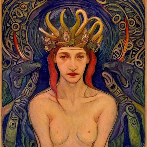 Image similar to the tentacle crown, by Annie Swynnerton!! and Nicholas Roerich! and (((Diego Rivera))), bioluminescent skin, tattoos, elaborate costume, geometric ornament, symbolist, rich colors, dramatic lighting, smooth, sharp focus, extremely detailed