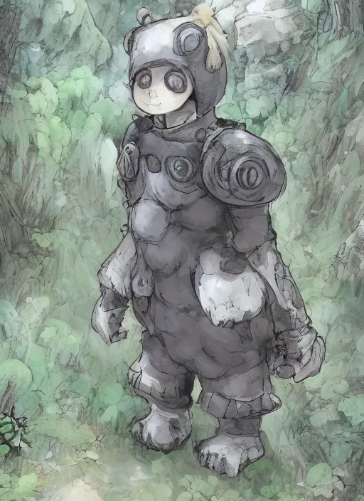 Image similar to beautiful little boy wearing an cyborg bear suit, artwork in kentaro miura and made in abyss and rosdraws, smooth, beautiful lightness, anatomically correct, trending on pixiv, forest